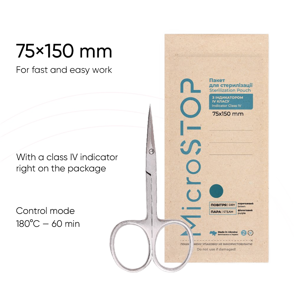 Microstop ECO Sterilisationsbeutel 75 × 150 mm – Instrumente dienen nur dem Größenvergleich