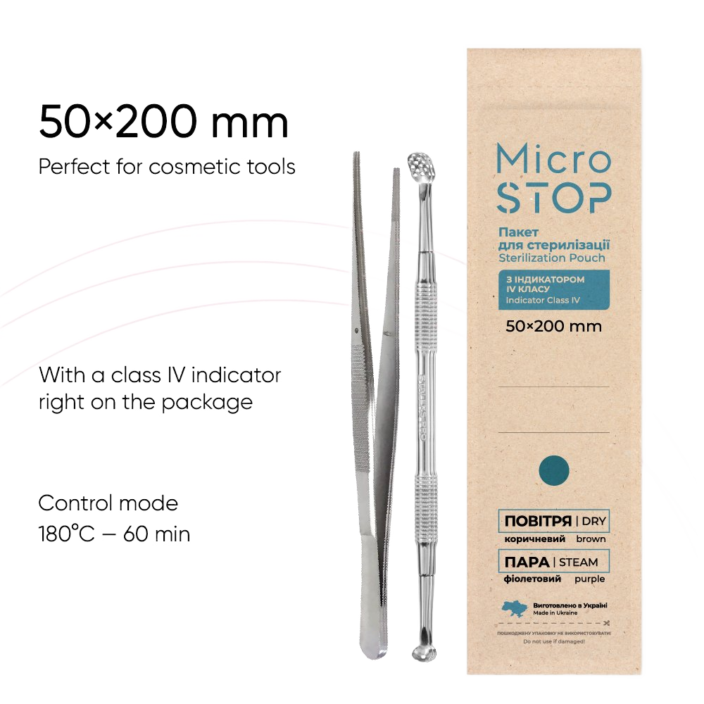 Microstop ECO Sterilisationsbeutel 50 × 200 mm – Instrumente dienen nur dem Größenvergleich