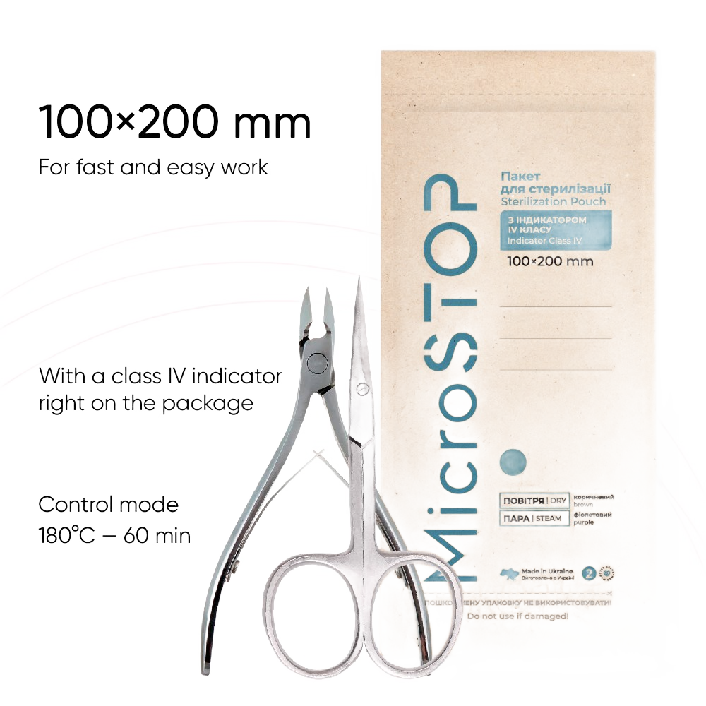 Microstop ECO Sterilisationsbeutel 100 × 200 mm – Instrumente dienen nur dem Größenvergleich